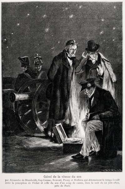 Vědecký experiment: výpočet rychlosti zvuku od Humboldta, Louise-Josepha Gay-Lussace (Louis Joseph Gay Lussac), Bouvarda, Pronyho a Mathieua, který určuje dobu, která uplyne mezi vnímáním světla a výstřelem z pistole, v noci od French School