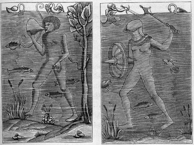Mořský voják: potápěč a muž ve zbrani. Rytiny z dřevěných figurek 16. století. V „La Marine et les colonies: commerce“ od French School