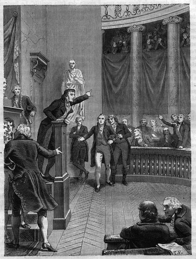 Seance du Tribunat: projev Benjamina Constanta (1767-1830) na tribuně odsuzující režim nastolený Napoleonem, leden 1800 – rytina z roku 1865 v „“ Histoire du Consulate et de l’Empire““ od Louise Adolphe Thierse – francouzského politika Benjamin Constant od French School