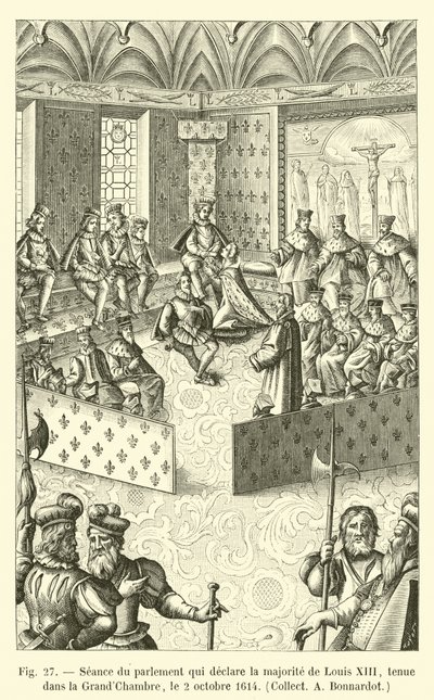 Zasedání parlamentu, které deklaruje většinu Ludvíka XIII., konané ve Velké komoře, 2. října 1614, Collect A Bonnardot od French School
