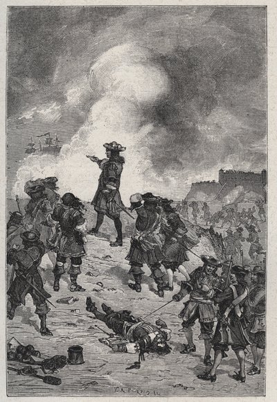 Sebastian the Prestre lord z Vaubanu (1633-1717), marechal Francie brání Brest před útokem anglické flotily v roce 1695 - rytina v „Les Hommes Celebres de la France“ od Louise Dumase 1889 od French School