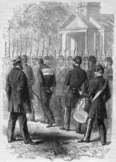 Secesní válka (1861-1865) nebo Americká občanská válka: potrestání vojáka severní zbraně obviněného z hete v boji. Se svázanýma rukama a nápisem „Lache“ na zádech přechází za zvuku bubnu přes tábor. Gravírování „“ Le Monde Illustré““ č od French School