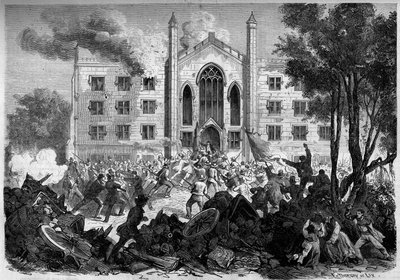 Secesní válka nebo americká občanská válka (1861-1865) – New York – červenec 1863: opozice proti odvodu, povstání zapálily azylový dům barevných sirotků v New Yorku během „Draft Riots“. Rytina v „“ Le Monde Illustré““ č. 331 z 15. srpna od French School