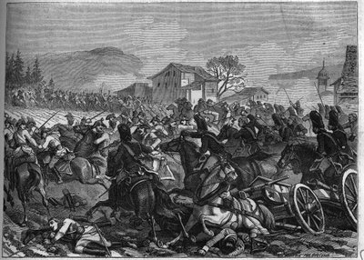 Druhá koalice (1798-1800): Bitva u Stockachu 3. května 1800 proti Francii a Rakousku – rytina z roku 1865 v „Histoire du Consulate et de l
