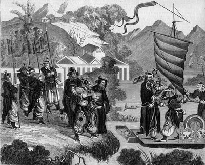 Druhá opiová válka mezi Francií, Anglií a Čínou (1858-1860): Čínská karikatura konfliktu. Loď je připravena přiblížit se k pobřeží pod posměšným pohledem skupiny Číňanů. Na palubě lodi dvě postavy představující Francii (vlevo) a Engl od French School