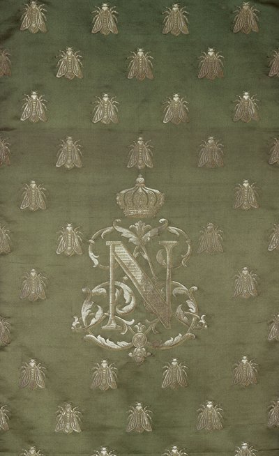 Část zeleného a zlatého damašku se znakem a královským znakem Napoleona III. (1808-73) od French School