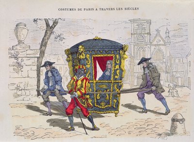 Sedanová židle v šestnáctém století, z Costumes de Paris a Travers les Siecles, vydáno 1887 (barevná rytina) od French School