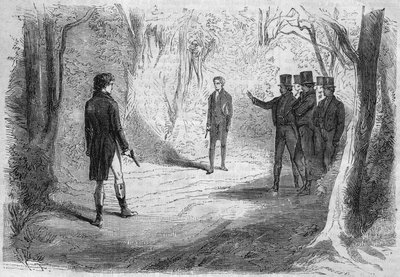Sériový román: „Bohatí a chudí““ od Emile Souvestre (1806-1854). Souboj Boissarda a Larryho. Rytina do „“Les bons romances““ od French School