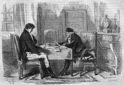 Sériový román: „Bohatí a chudí““ od Emile Souvestre (1806-1854). Dva muži mluví: "Scruples nikdy nikoho nemučil." Rytina do „“Les bons romances““ od French School