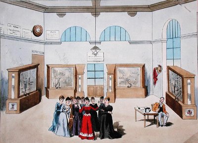 Scénografie pro operetu s operátorkami v centrální telefonní ústředně. konec 19. století (barevné lito) od French School