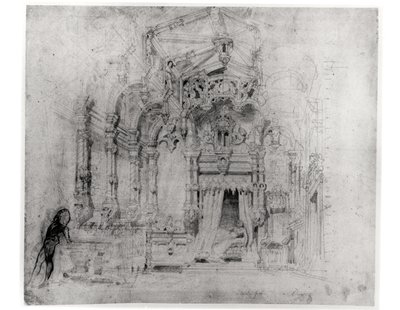 Scénografie pro první inscenaci Angelo, tyran de Padoue od Victora Huga (1802-85), 1835 (pero a inkoust na papíře) od French School