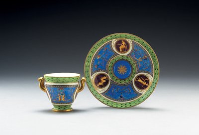 Sevres bleu celeste a světle zelený mletý šálek s podšálkem se dvěma uchy, 1790 od French School