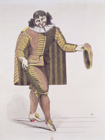 Sganarelle v LEcole des Maris od Moliera, premiéra 24. června 1661 v Palais-Royal Theatre v Paříži (pero, inkoust a wc na papíře) od French School