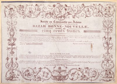 Podílový list na 500 franků pro Bazar Bonne-Nouvelle, 1836 od French School