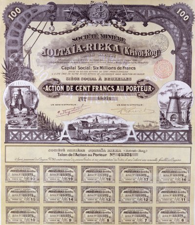 Podílový list na 100 franků pro francouzsko-ruskou těžařskou společnost Joltaia-Rieka, 1899 od French School