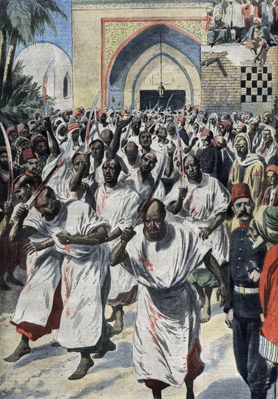 Šíitští muslimové na pouti v Karbale (Irák), u Husajnova hrobu - „Le Petit journal“, duben 1909 (rytina) od French School