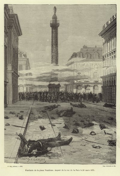 Střelby na náměstí Place Vendome, Paříž, Pařížská komuna, 23. března 1871 od French School