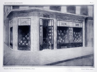 Přední strana obchodu, deska 4, ilustrace z Devantures de Boutiques od Louis-Pierre Sezille, Paříž, 1927 od French School