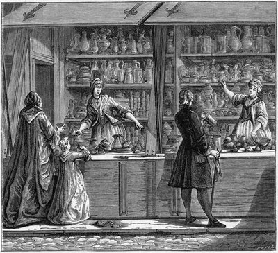 Prodejna cínového hrnčíře v 18. století. Rytina v „La Marine et les colonies: commerce“ od French School