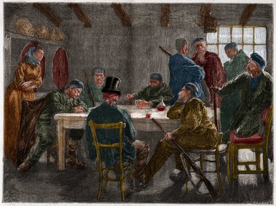 Sicilská mafie v 19. století: Výslech velkostatkáře zrušený sicilskými mafiány v roce 1873. Rytina z roku 1873. od French School