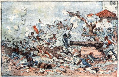 Obléhání a dobytí Zaragozy (Zaragoza) ve Španělsku v únoru 1809 napoleonskými vojsky. Rytina 19. století. od French School