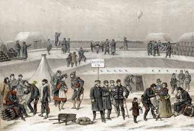 Obléhání Paříže v roce 1870 během války 1870-1871. Vojáci připravují obranu města: v bunkru je vidět voják. od French School