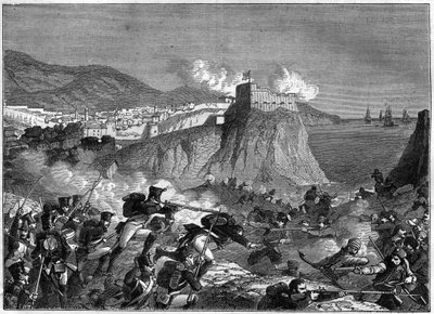 Obléhání Ragusy (Republika Ragusa) (Ragusa v chorvatském Dubrovníku) během napoleonských válek v květnu a červnu 1806 (dalmátské tažení generálem Molitorem a Lauristonem) - v „“Historie říše po historii konzulátu““ od Adolfa Thier od French School