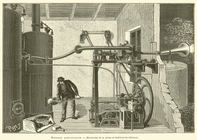 Akustické signály, mechanismus sirény a interiér budovy (rytina) od French School
