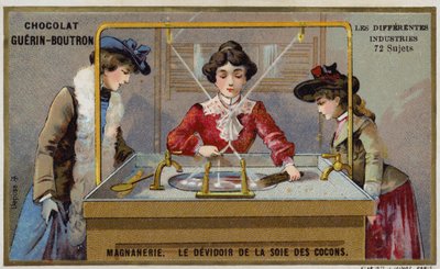 Výroba hedvábí. Předení vláken na cívku (chromolitho) od French School