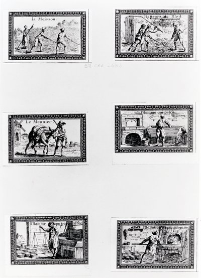 Šest vinět zobrazujících výrobu chleba (rytí) (černobílá fotografie) od French School