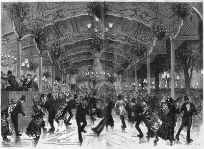 Bruslařský kruh v Bullieru. Track to dance na kolečkových bruslích v Bal Bullier v Paříži. Gravírování v „The Illustrous Universe“ od French School