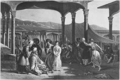 Bazar otroků, Alžír, Alžírsko, cca 1820 (litho) (čb foto) od French School