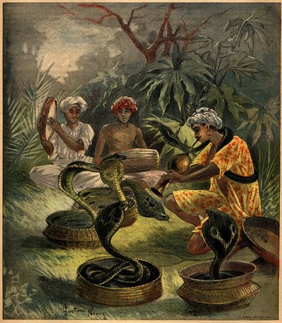 Zaklínači hadů (kobry) v Indii. Rytina v „La Terre Illustree““ č. 94 z 18. srpna 1892. od French School