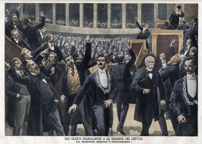 Socialisté zpívající Internacionálu v Poslanecké sněmovně ve Francii uprostřed zasedání za přítomnosti Georgese Clemenceaua (1841-1929) - „Le Petit Journal“, květen 1909 (rytina) od French School
