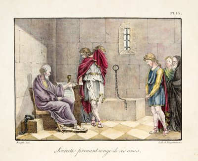 Sokrates se rozloučil se svými přáteli, hospoda. od Engelmanna, kolem roku 1835 (ručně kolorovaná rytina)) od French School