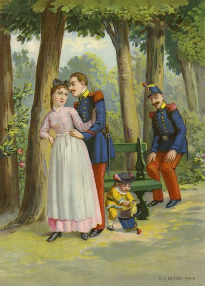 Voják dělá návrhy služce v parku (chromolit) od French School