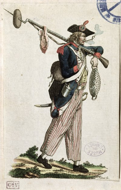 Voják Francouzské revoluce nesoucí bajonet, ke kterému je připevněn bochník chleba a kus masa: LAn 11 1794 od French School