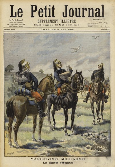 Vojáci používající poštovní holuby na vojenských manévrech, Soissons, Francie od French School