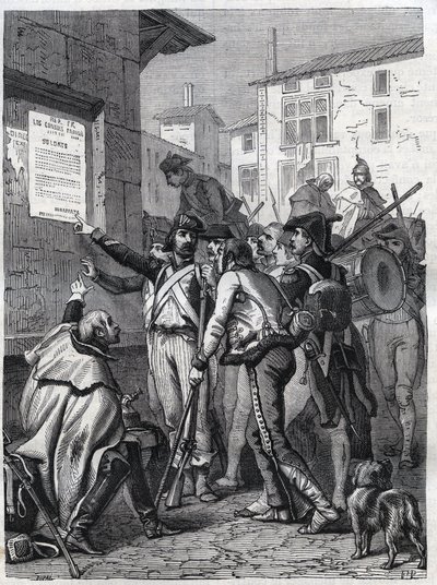 Vojáci, vaše potřeby jsou skvělé: francouzští vojáci čtou provolání generála Bonaparta v listopadu 1799 - rytina z roku 1865 v „Histoire du Consulate et de l