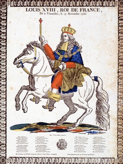 Píseň na počest francouzského krále Ludvíka XVIII., ilustrovaná jezdeckým portrétem krále (rytina) od French School