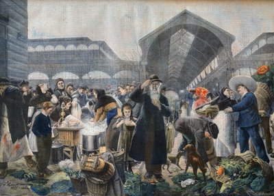 Stánek s polévkou na trhu Les Halles v dopoledních hodinách, ilustrace z 