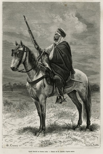 Spahi, výkonný jezdec a děs přispívající k dobytí Alžírska, ve službách Francie, odchází v arabské kanceláři, rytina podle kresby H.Charlese, aby ilustroval příběh Tebessa a její památky (Alžírsko), od A. Herona de Villefosse, od French School