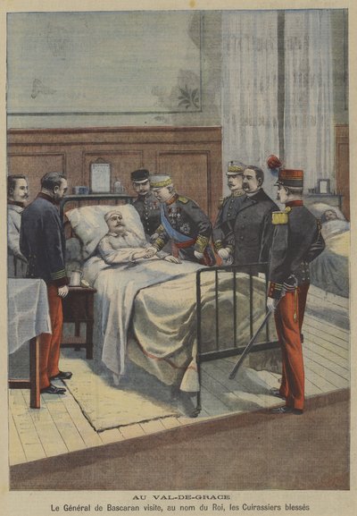 Španělský generál Jose de Bascaran na návštěvě zraněných kyrysníků jménem krále Alfonsa XIII. ve vojenské nemocnici Val-de-Grace v Paříži (barevné lito) od French School