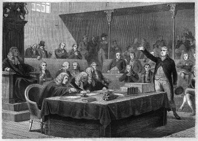 Projev zástupce Foxe k parlamentu Anglie o francouzské invazi do Švýcarska, listopad 1802 – rytina z „“ Histoire du Consulate et de l