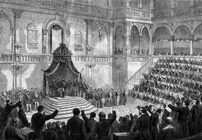 Projev italského krále Viktora Emanuela II. (Vittorio Emanuele) (Victor-Emmanuel) (1820-1878) na zahájení zasedání italských států v parlamentu v Turíně od French School