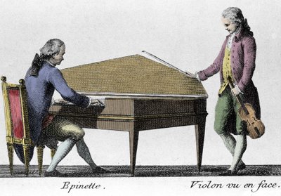 Spinette a hráč na housle. Rytina z konce 18. století. od French School