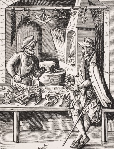 Spur Maker, reprodukce dřevorytu od Josta Ammana (1539-91) z „Le Moyen Age et La Renaissance“ od Paula Lacroixe (1806-84) vydaného 1847 (litho) od French School