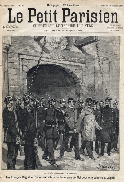 Špionážní proces v Německu: Francouzi Daguet a Dubois převezeni z pevnosti Kiel do Lipska. Jeden z novin „Le petit Parisien““ dne 12.10.1893 (rytina) od French School