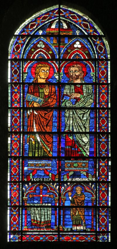 Svatý Kosmos a svatý Damien; dárce kněz Geoffrey, (w120) od French School