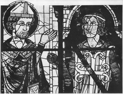 Sv. Denis dává oriflamme rytíři Klementovi (marechal z Metz), detail, Jižní růže Oslava našeho Pána Ježíše Krista, od French School